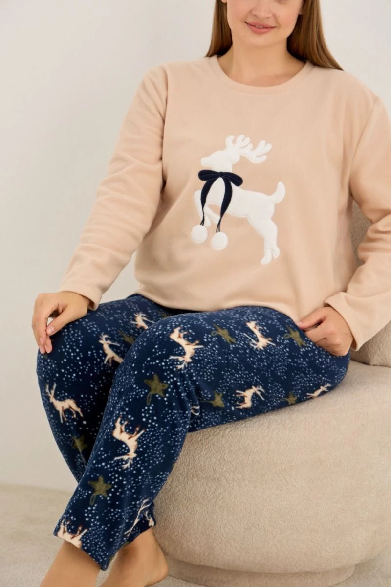Γυναικεία Πιτζάμα Plus Size Fleece μπλε με μπεζ και ταράνδους