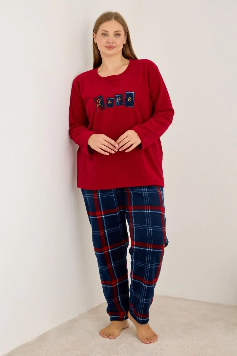Γυναικεία Πιτζάμα Plus Size Fleece μπορντό με μπλε καρό