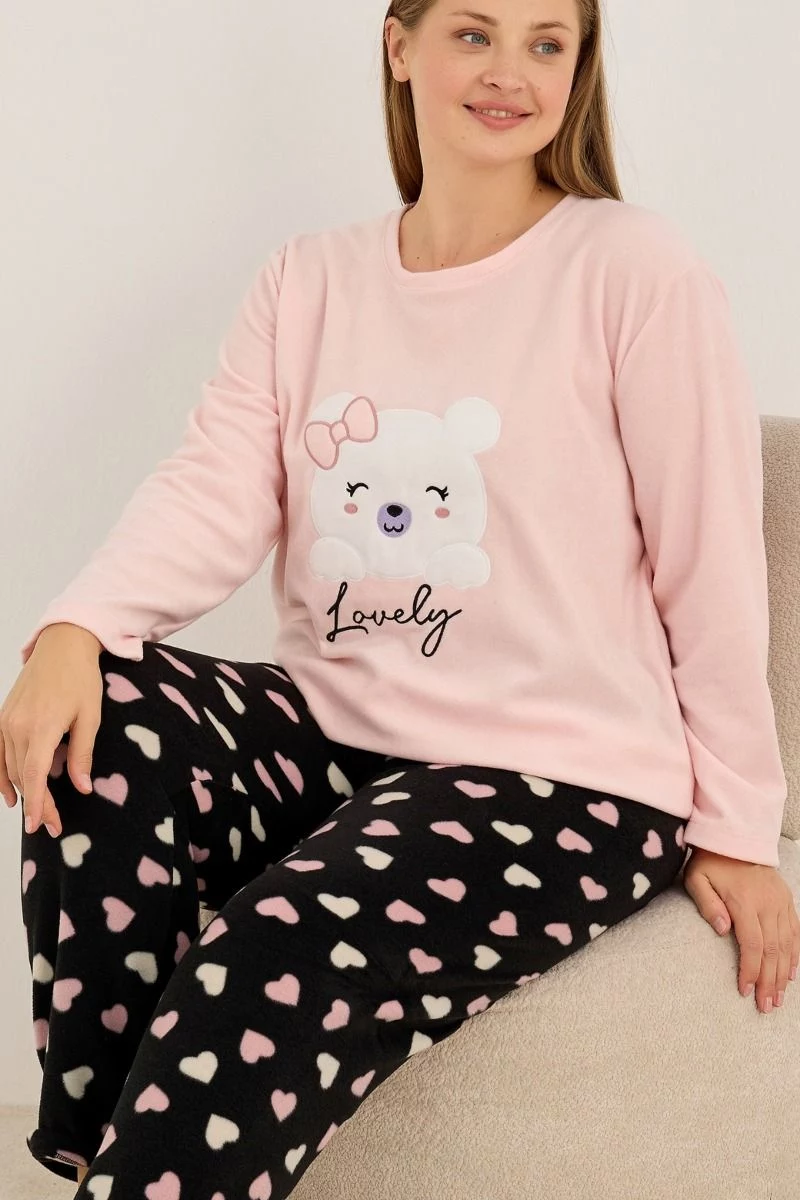 Πιτζάμα Plus Size συνδυασμός velvet fleece με αρκουδάκι