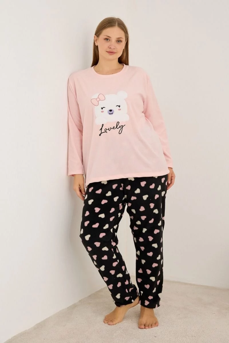 Πιτζάμα Plus Size συνδυασμός velvet fleece με αρκουδάκι