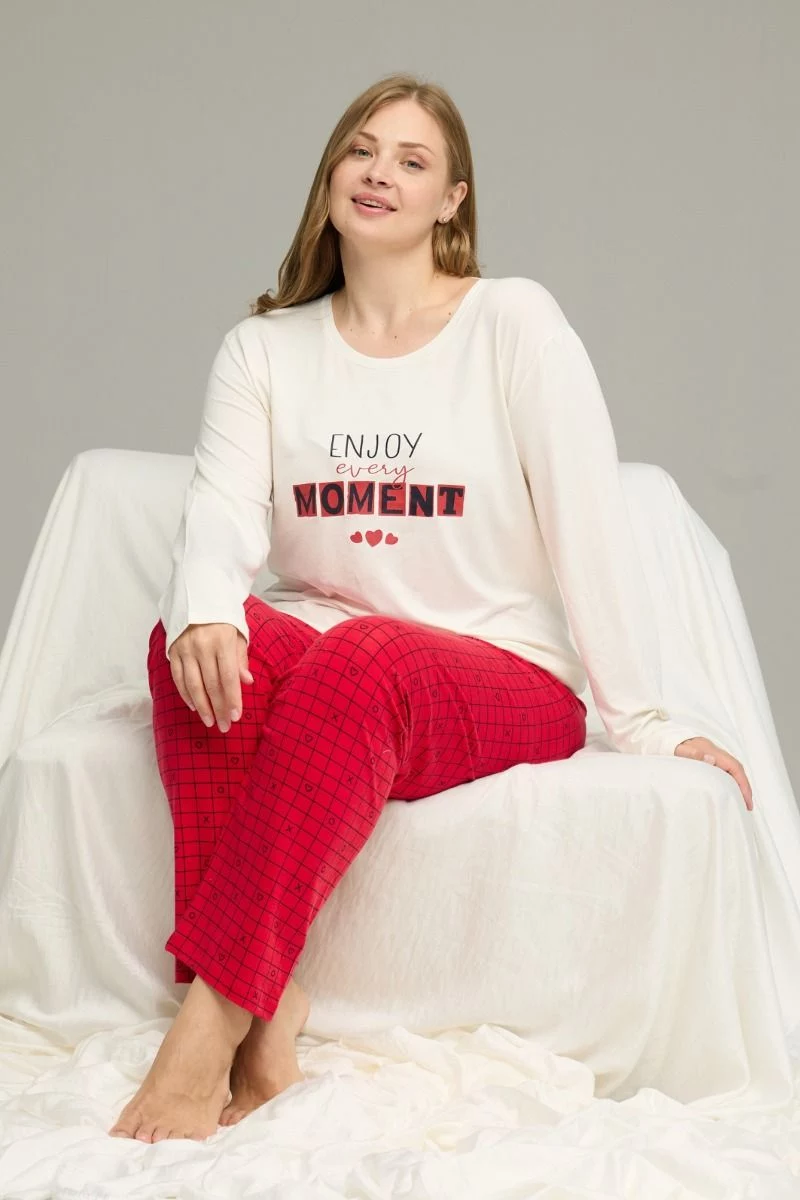 Γυναικεία Πιτζάμα Plus Size μακρυμάνικη "Sexen" κόκκινο χρώμα με σχέδιο