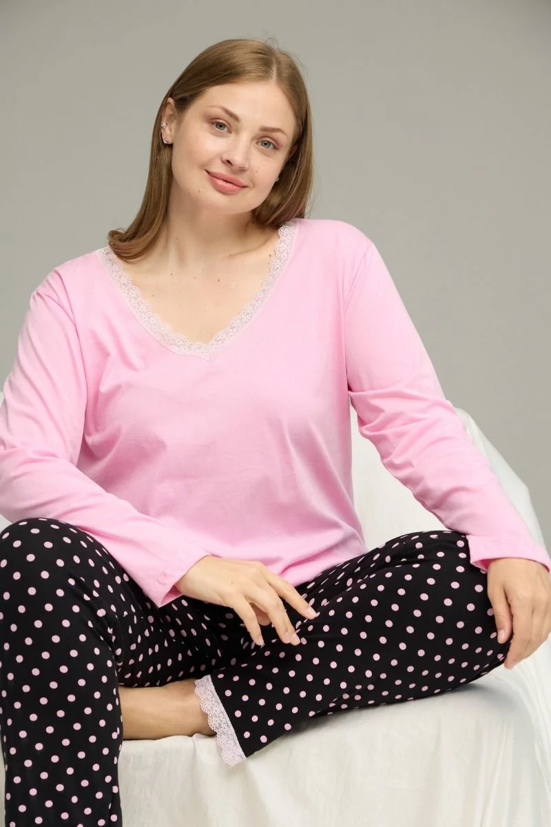 Γυναικεία Πιτζάμα Plus Size μακρυμάνικη με δαντέλα ροζ πουά