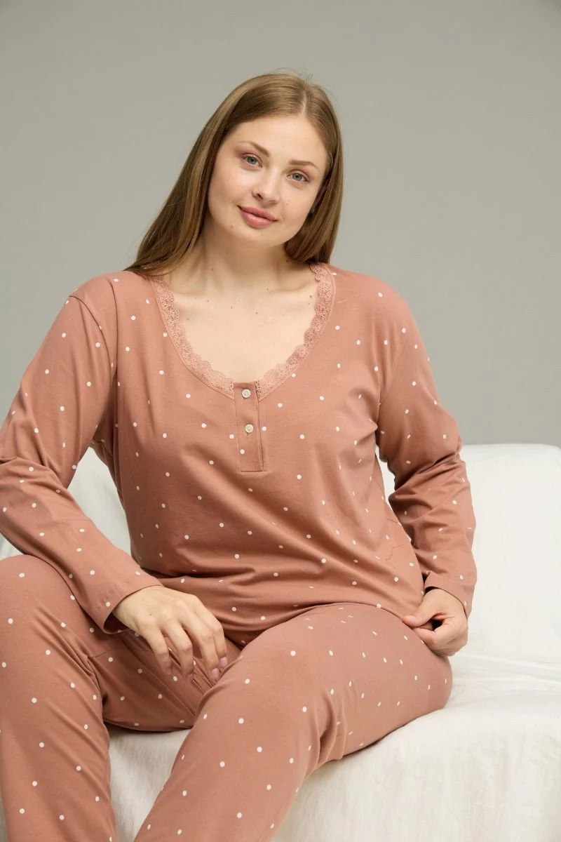 Γυναικεία Πιτζάμα μακρυμάνικη Plus Size σάπιο μήλο δαντέλα και κουμπάκια