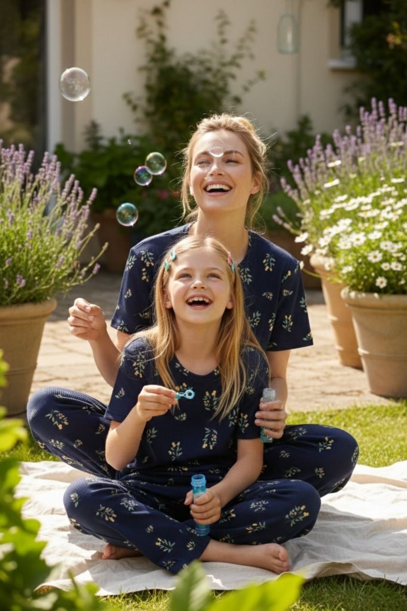 Γυναικεία Πιτζάμα καλοκαιρινή ριπ σε μπλε χρώμα με λουλουδάκια