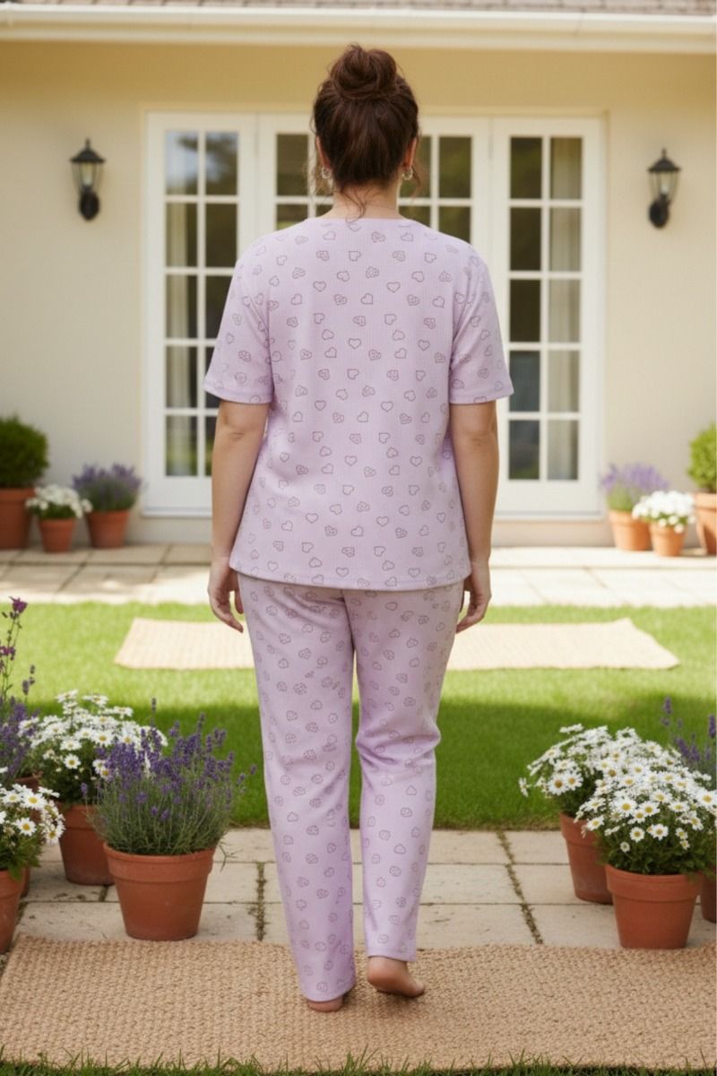 Γυναικεία Plus Size Πιτζάμα καλοκαιρινή ριπ λιλά με καρδούλες
