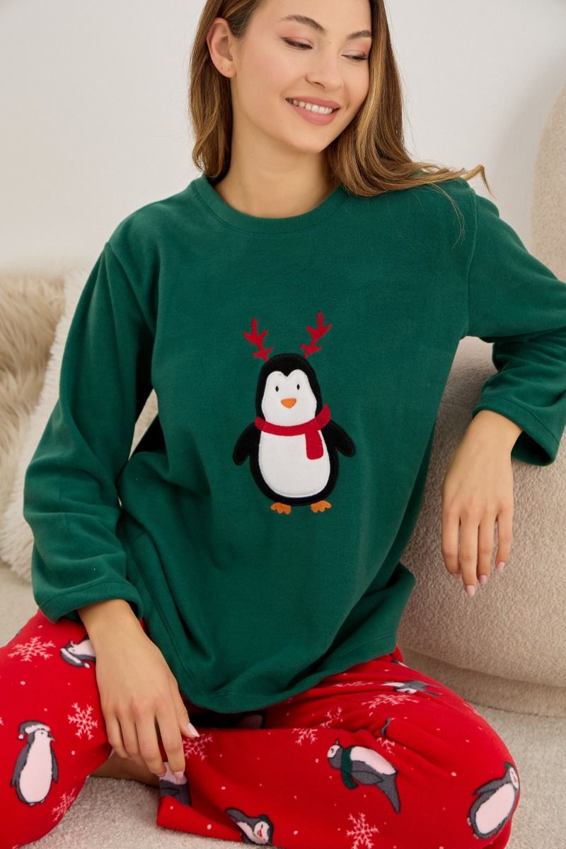 Γυναικεία Πιτζάμα Fleece πράσινο κόκκινο χρώμα με πιγκουίνους και νιφάδες