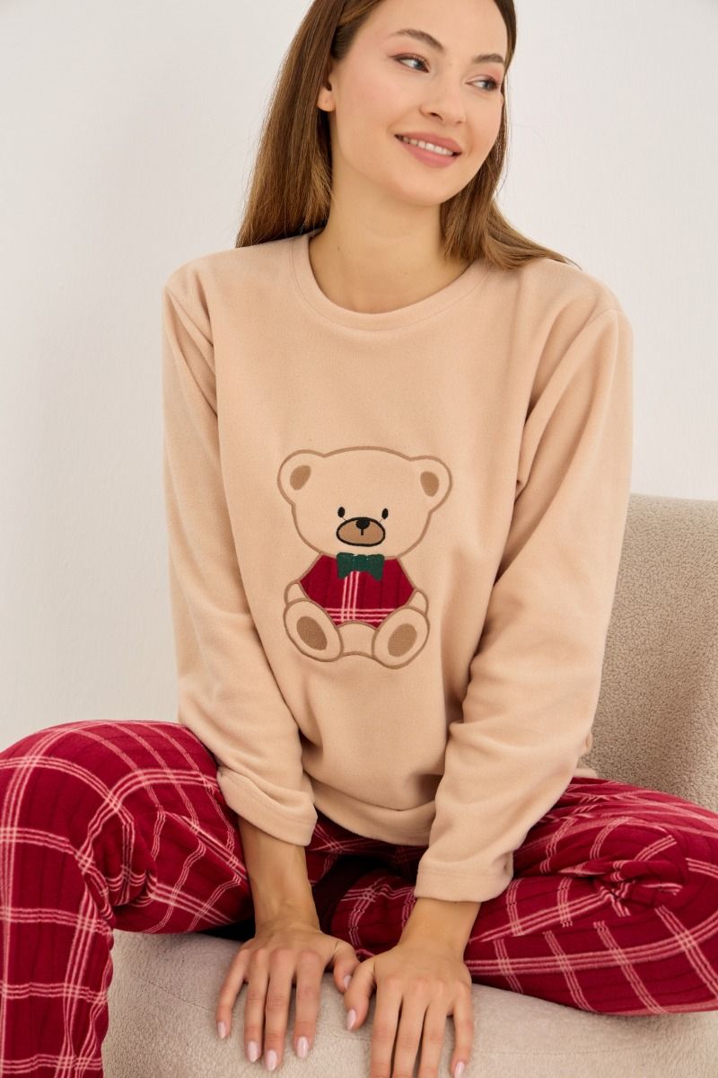 Γυναικεία Πιτζάμα Fleece μπεζ με κόκκινο χρώμα και καρό παντελόνι
