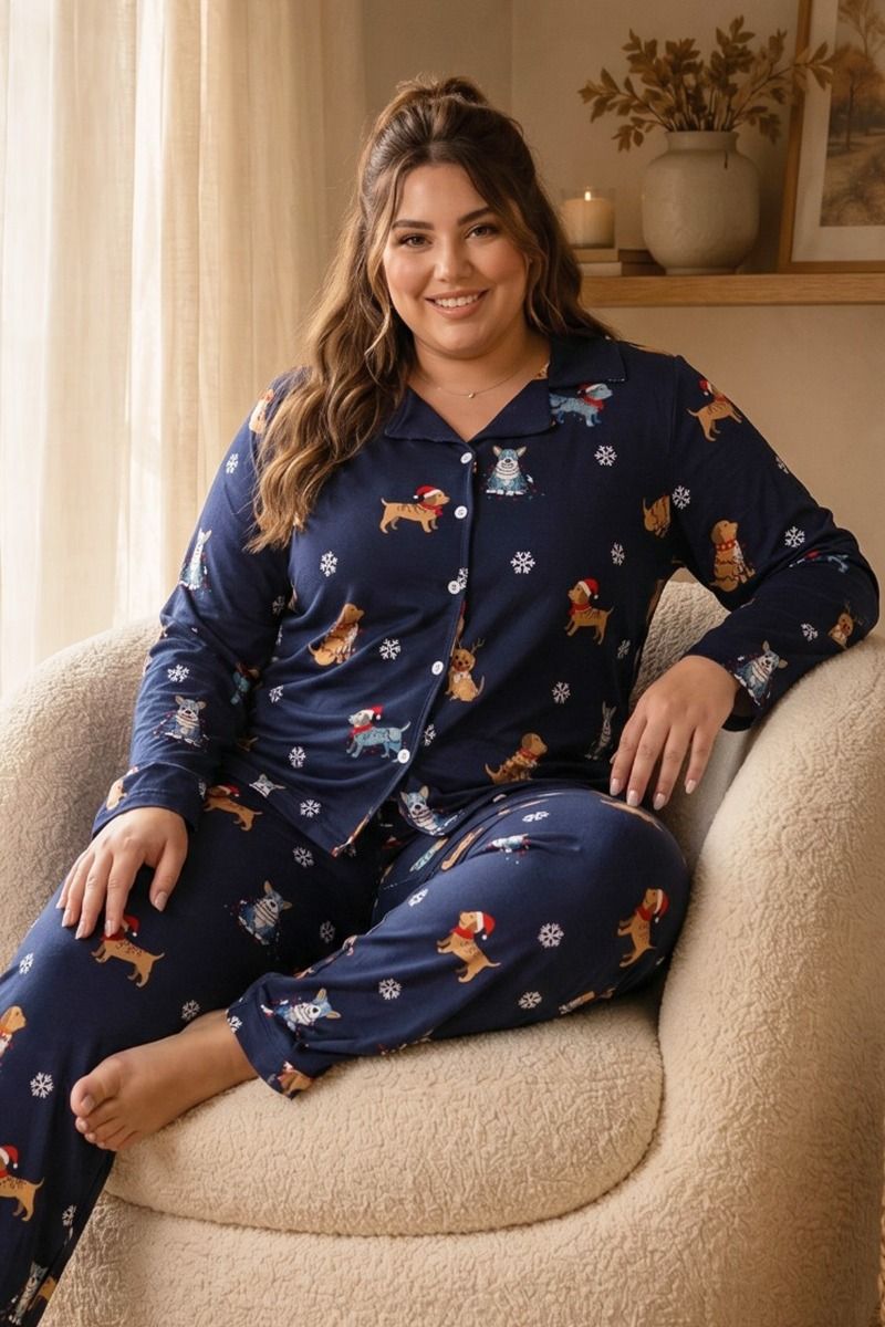 Γυναικεία Πιτζάμα Plus Size Thermal SOFT μπλε χριστουγεννιάτικη