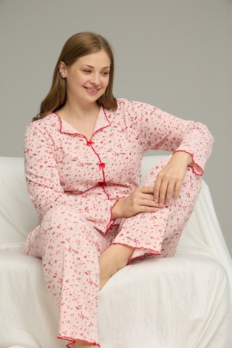 Γυναικεία Χειμωνιάτικη Πιτζάμα plus size "siyah inci" ροζ με φιογκάκια