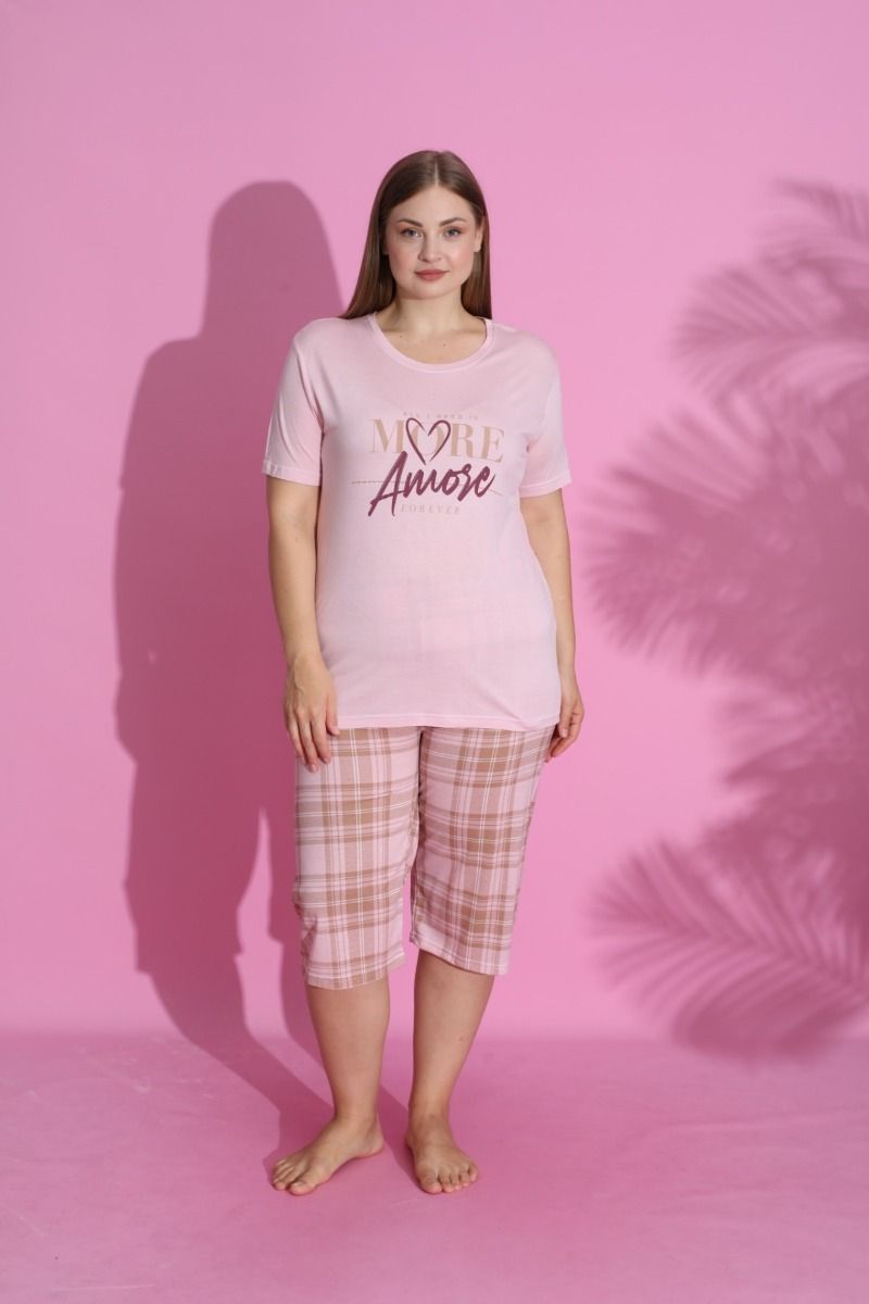 Πιτζάμα Plus Size Κάπρι καρό "PijaMood"  κοντομάνικη με σχέδιο