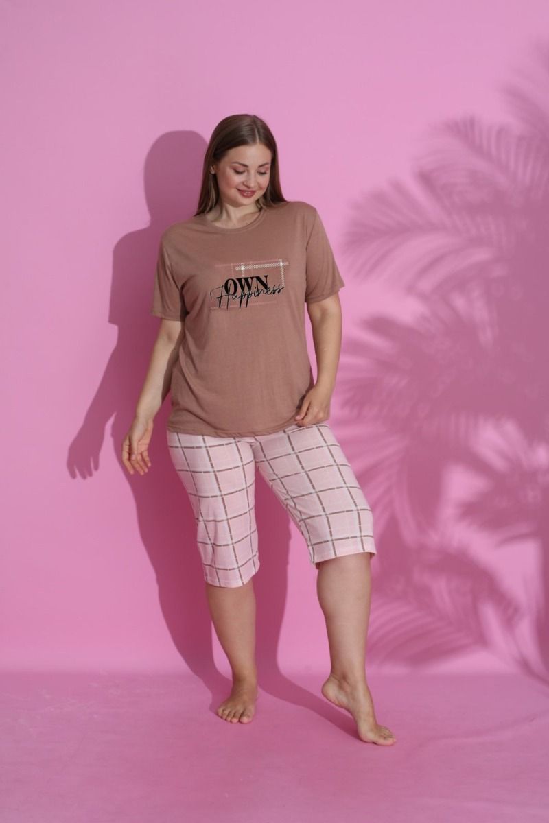 Πιτζάμα Plus Size Κάπρι "PijaMood" καρό με σχέδιο