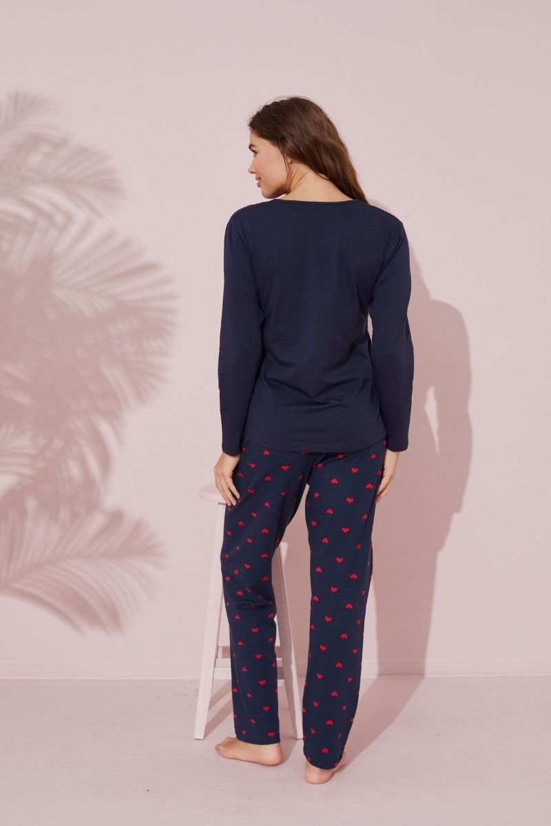 Γυναικεία πιτζάμα βαμβακερή σκούρο μπλε χρώμα καρδούλες αρκουδάκια