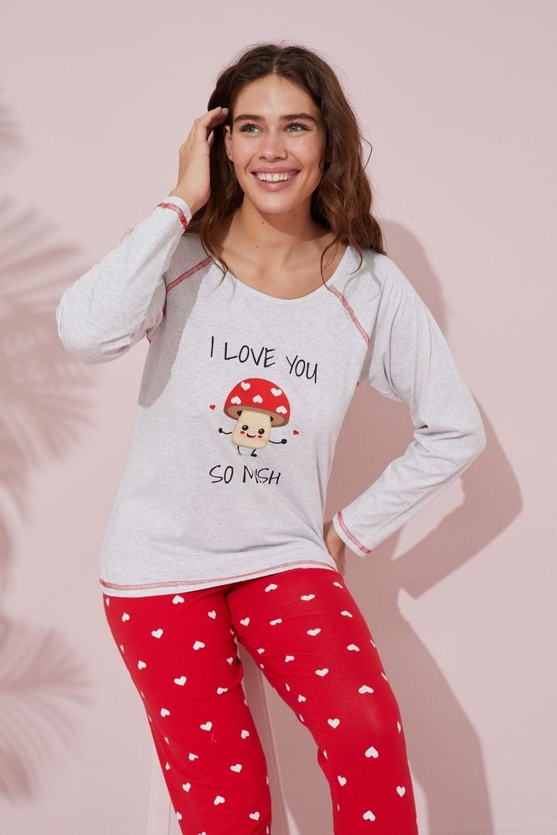 Γυναικεία Πιτζάμα κόκκινη ανοιχτό γκρι πουά μαμά και κόρη
