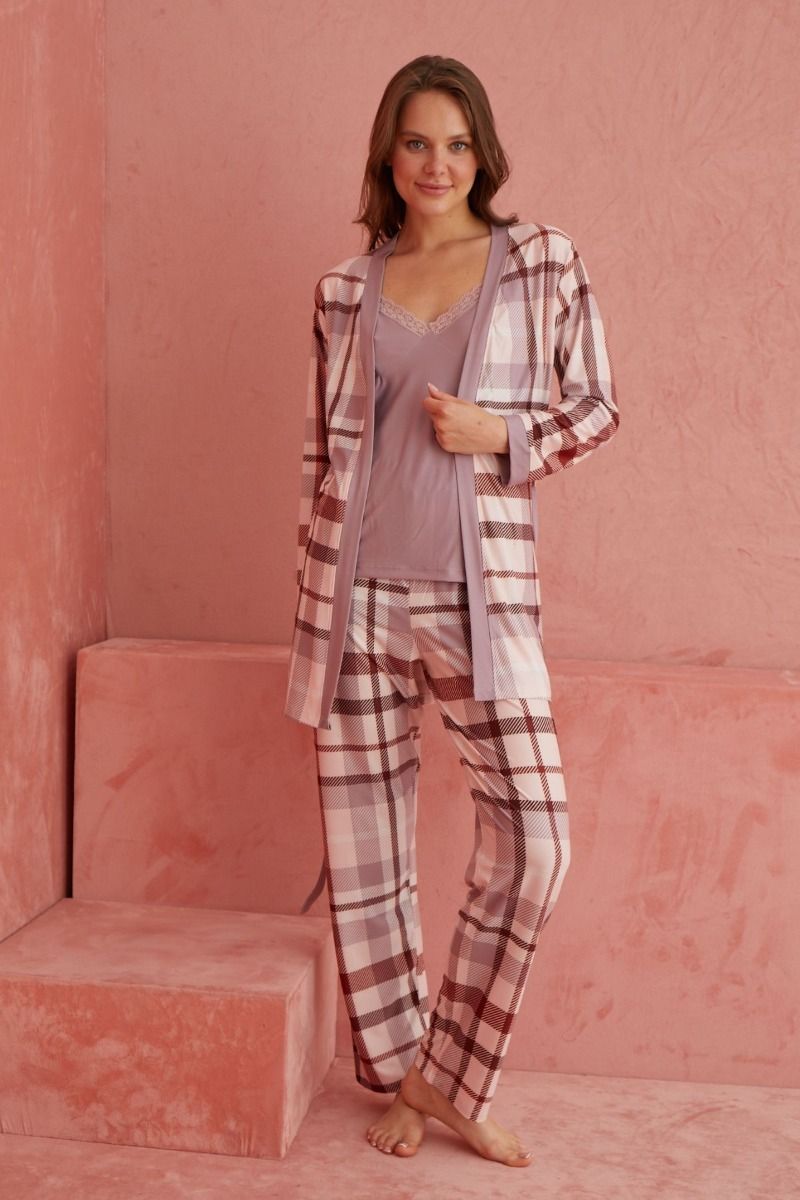 Γυναικεία πιτζάμα με ρόμπα καρό με τιραντάκι μπλουζάκι