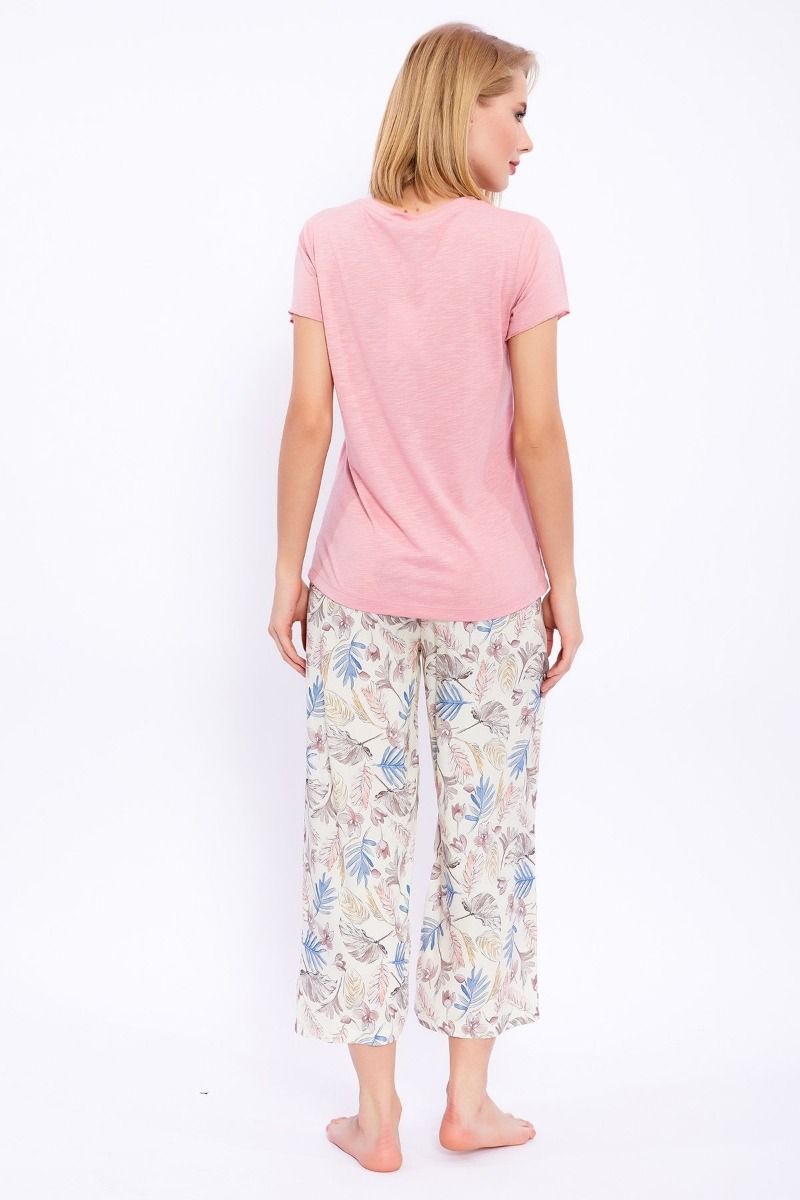 Γυναικεία πιτζάμα καλοκαιρινή κοντομάνικη παντελόνα ροζ λουλουδάτη βισκόζη