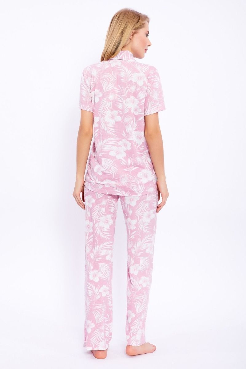 γυναικεία καλοκαιρινή πιτζάμα κοντομάνικη πουκάμισο ροζ βαμβακερή λουλούδια