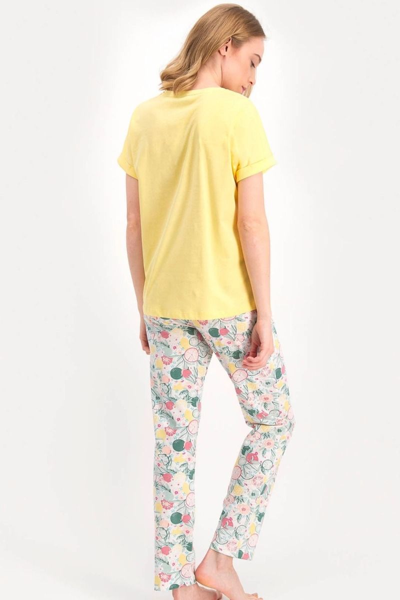 Καλοκαιρινή γυναικεία πιτζάμα κοντομάνικη βαμβακερή κίτρινη με σχέδια φρούτα