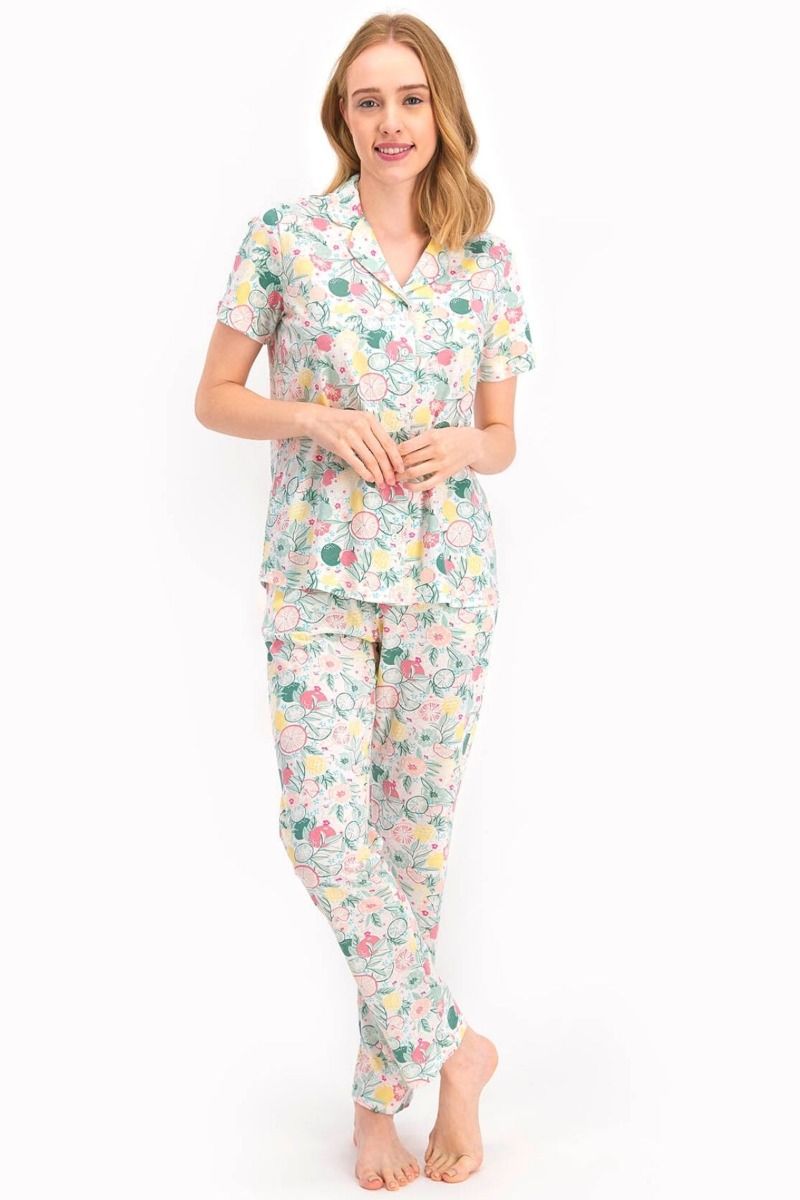 Καλοκαιρινή γυναικεία πιτζάμα κοντομάνικη βαμβακερή φρούτα πολύχρωμη