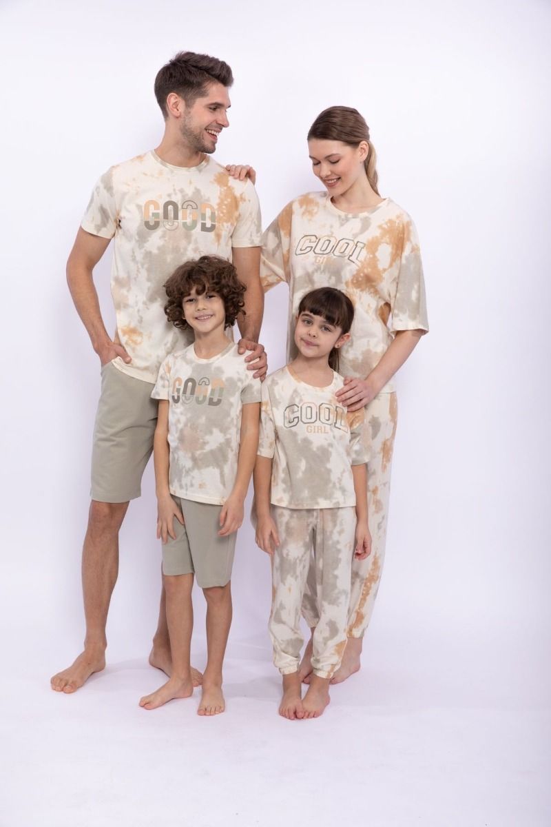 Γυναικεία καλοκαιρινή πιτζάμα κοντομάνικη βαμβακερή μπεζ tie dye