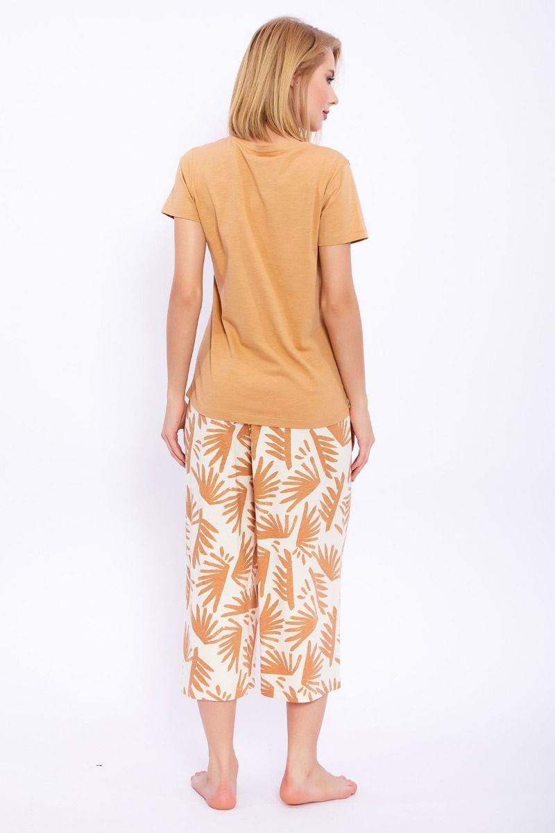 Γυναικεία καλοκαιρινή πιτζάμα κοντομάνικη κάπρι βαμβακερή μουσταρδί παντελόνα