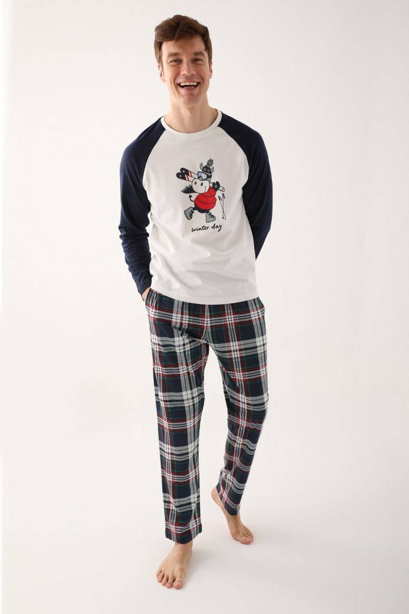 Ανδρική χειμωνιάτικη πιτζάμα καρό με τάρανδο βαμβακερή