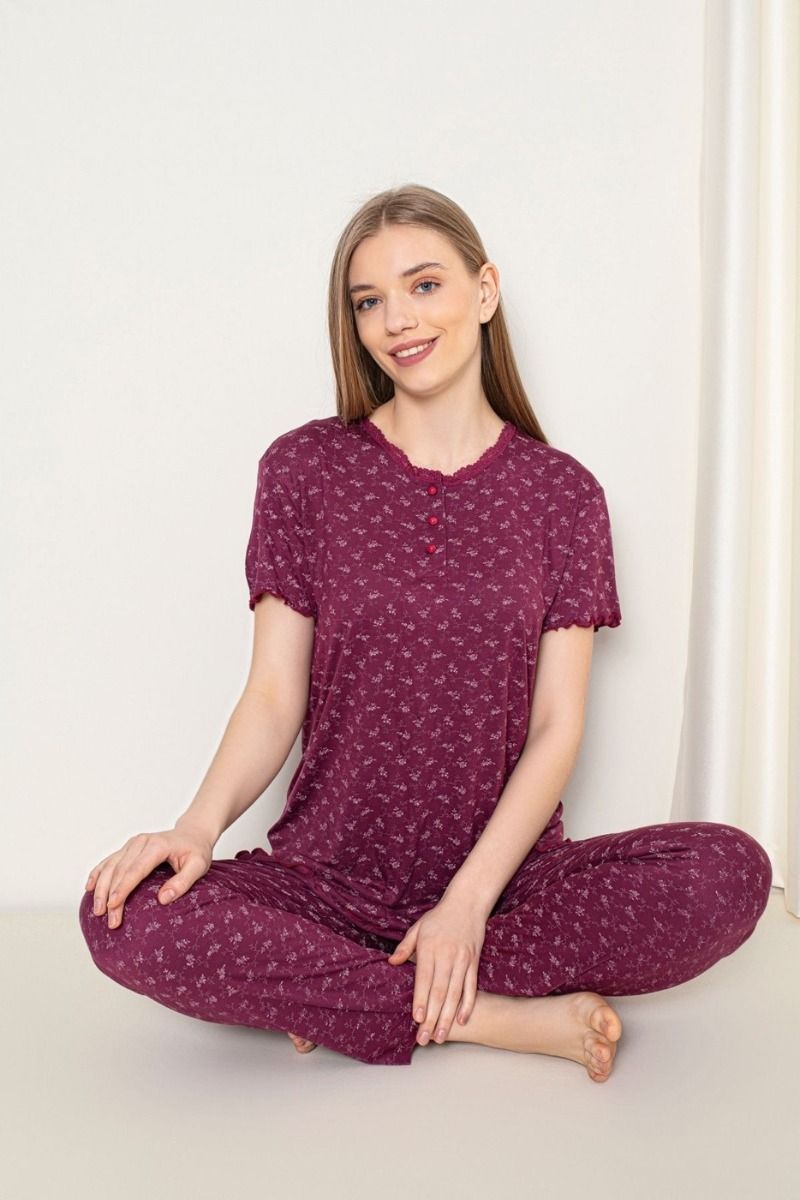 Γυναικεία πιτζάμα καλοκαιρινή μωβ κοντομάνικη από βισκόζη