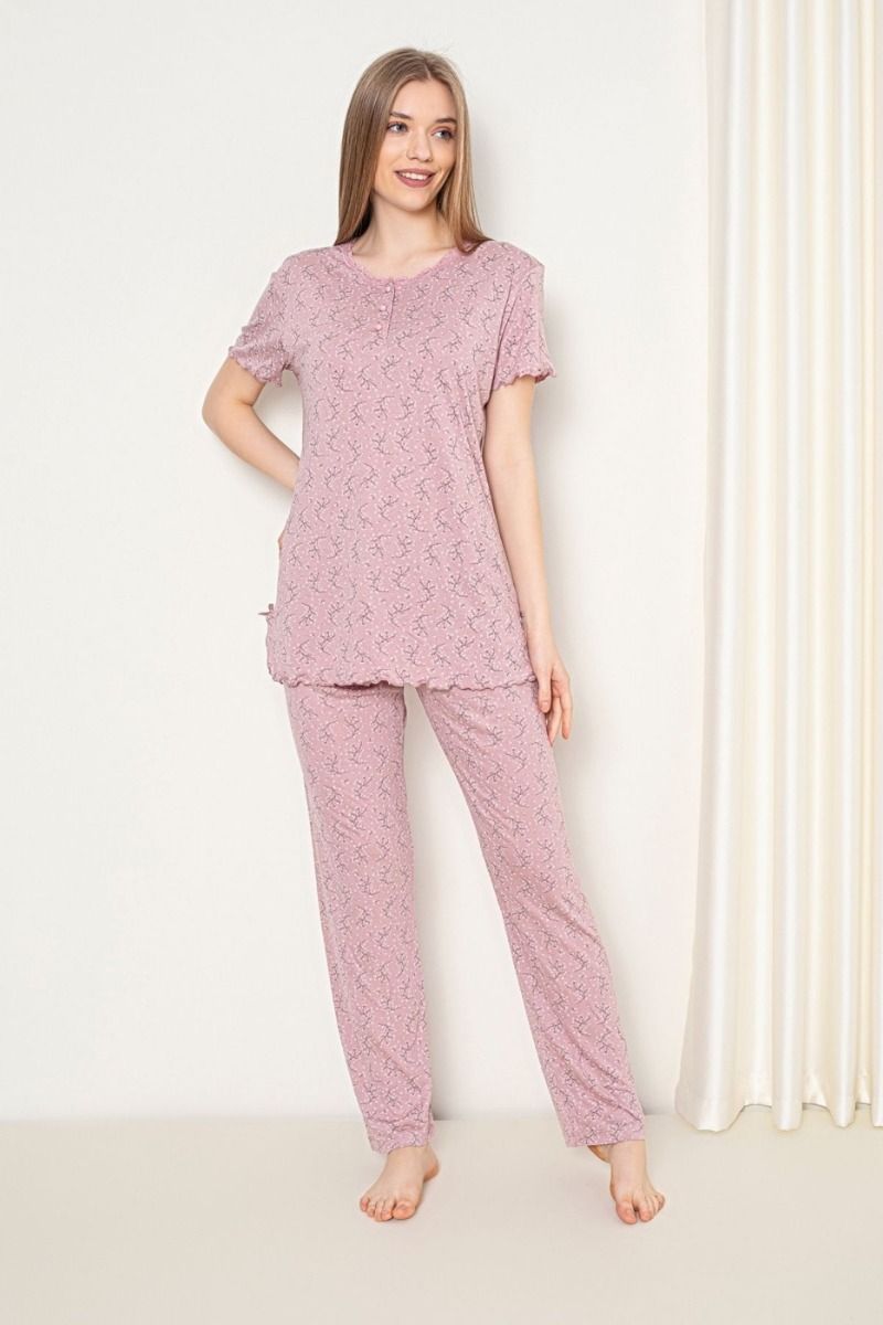 Γυναικεία πιτζάμα καλοκαιρινή κοντομάνικη μπλούζα μακρύ παντελόνι