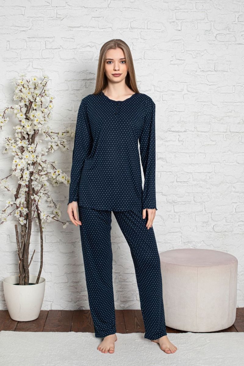 Γυναικεία πιτζάμα μακρυμάνικη βισκόζη στρογγυλή λαιμόκοψη σκούρο μπλε