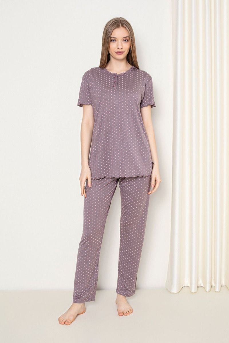 Γυναικεία πιτζάμα κοντομάνικη καλοκαιρινή λιλά βισκόζη πουά