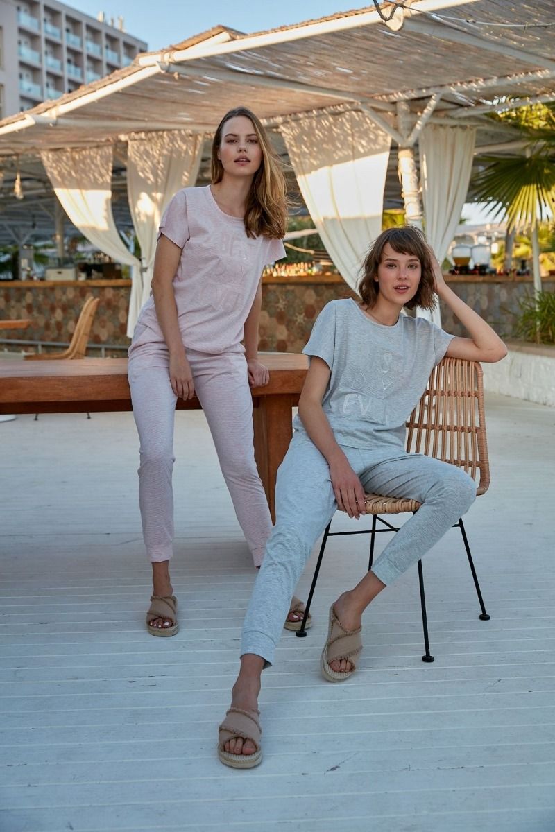 Γυναικεία πιτζάμα μακρύ παντελόνι κοντομάνικη βαμβακερή ανοιχτό γκρι