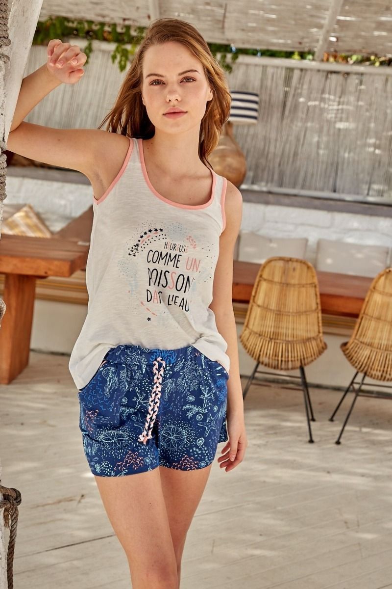 Γυναικεία πιτζάμα καλοκαιρινή αμάνικη σορτσάκι βαμβακερή μπλε κοραλλί