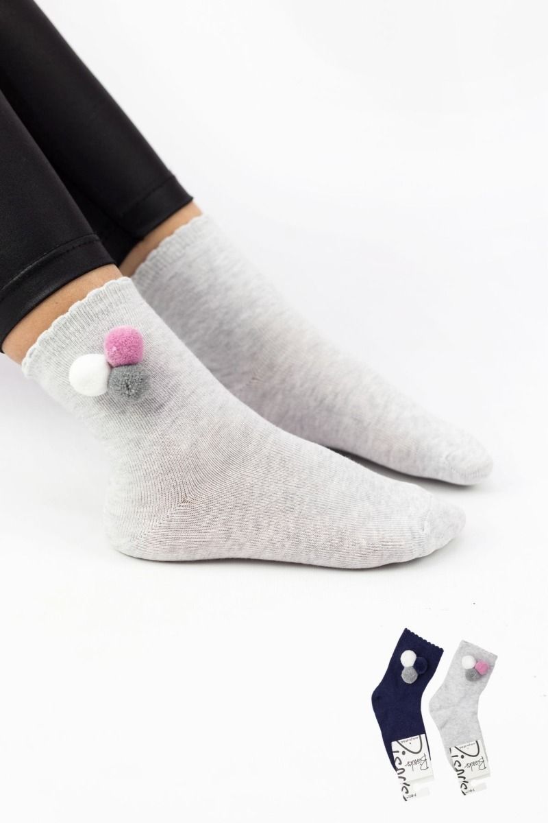Κοριτσίστικες παιδικές κάλτσες 2 ζευγάρια μπλε γκρι πον πον