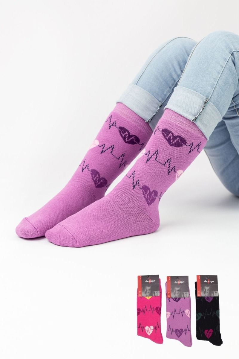 Κοριτσίστικες παιδικές κάλτσες με καρδιογράφημα πετσετέ μαύρο ροζ μωβ