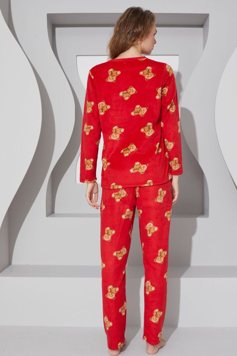 Γυναικεία πιτζάμα fleece κόκκινη με αρκουδάκια χειμωνιάτικη