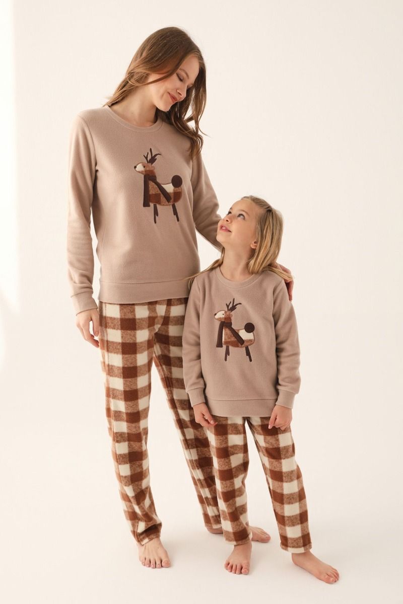 Κοριτσίστικη χειμωνιάτικη πιτζάμα fleece καφέ και σκούρο μπεζ