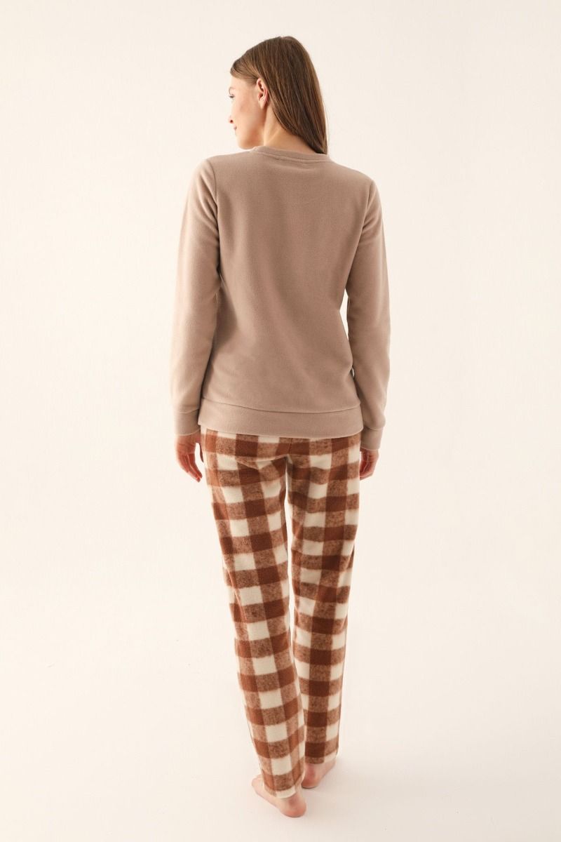 Γυναικεία χειμωνιάτικη πιτζάμα fleece καφέ και σκούρο μπεζ