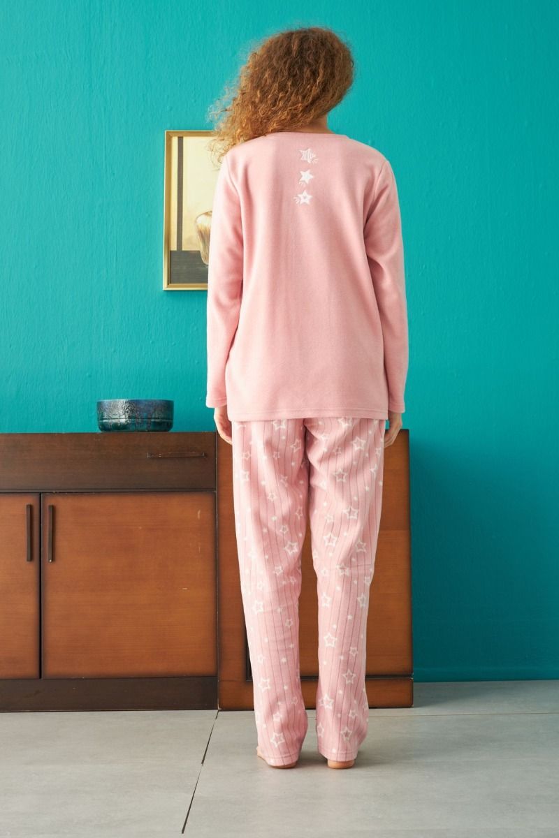 Γυναικεία πιτζάμα φλις ροζ χειμωνιάτικη με σχέδιο