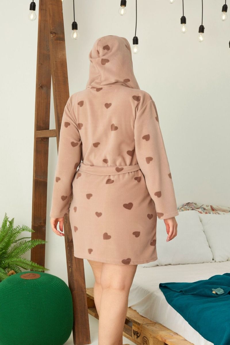 Γυναικεία φλις ρομπα καφε με καρδουλες μακρυμανικη με κουκουλα