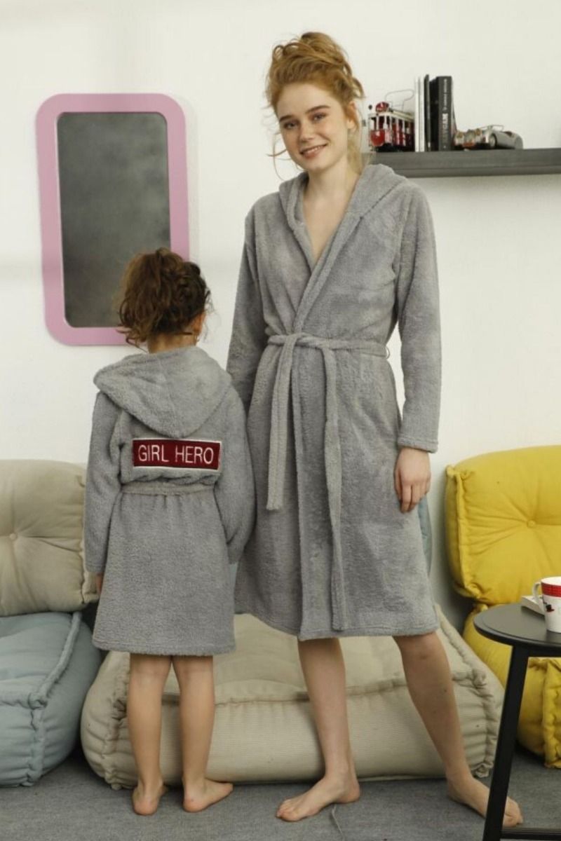 Κοριτσίστικη ρόμπα χειμωνιάτικη φλις σκούρη γκρι με κουκούλα