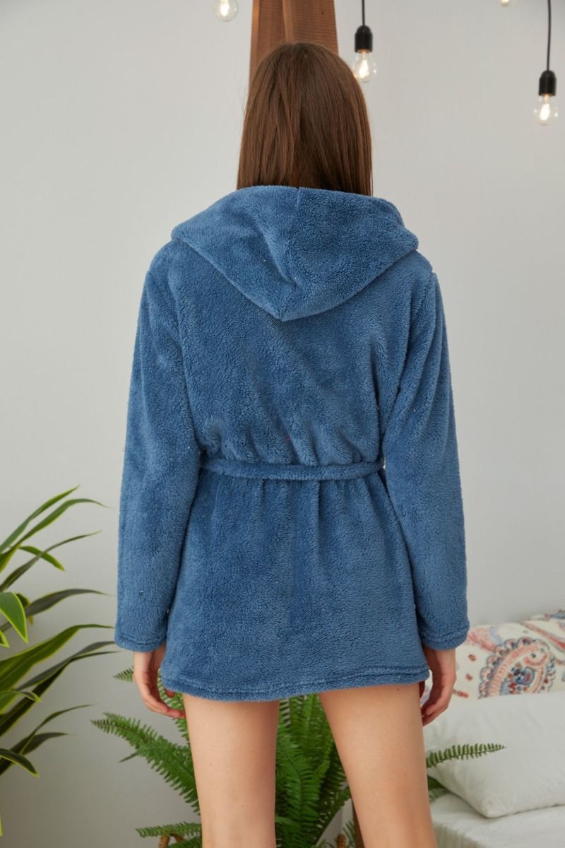 Γυναικεία φλις ρομπα μακρυμανικη με ζωνη μπλε με κουκουλα