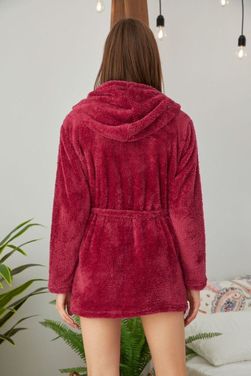 Γυναικεία μπορντο ρομπα φλις μακρυμανικη με ζωνη μεσης