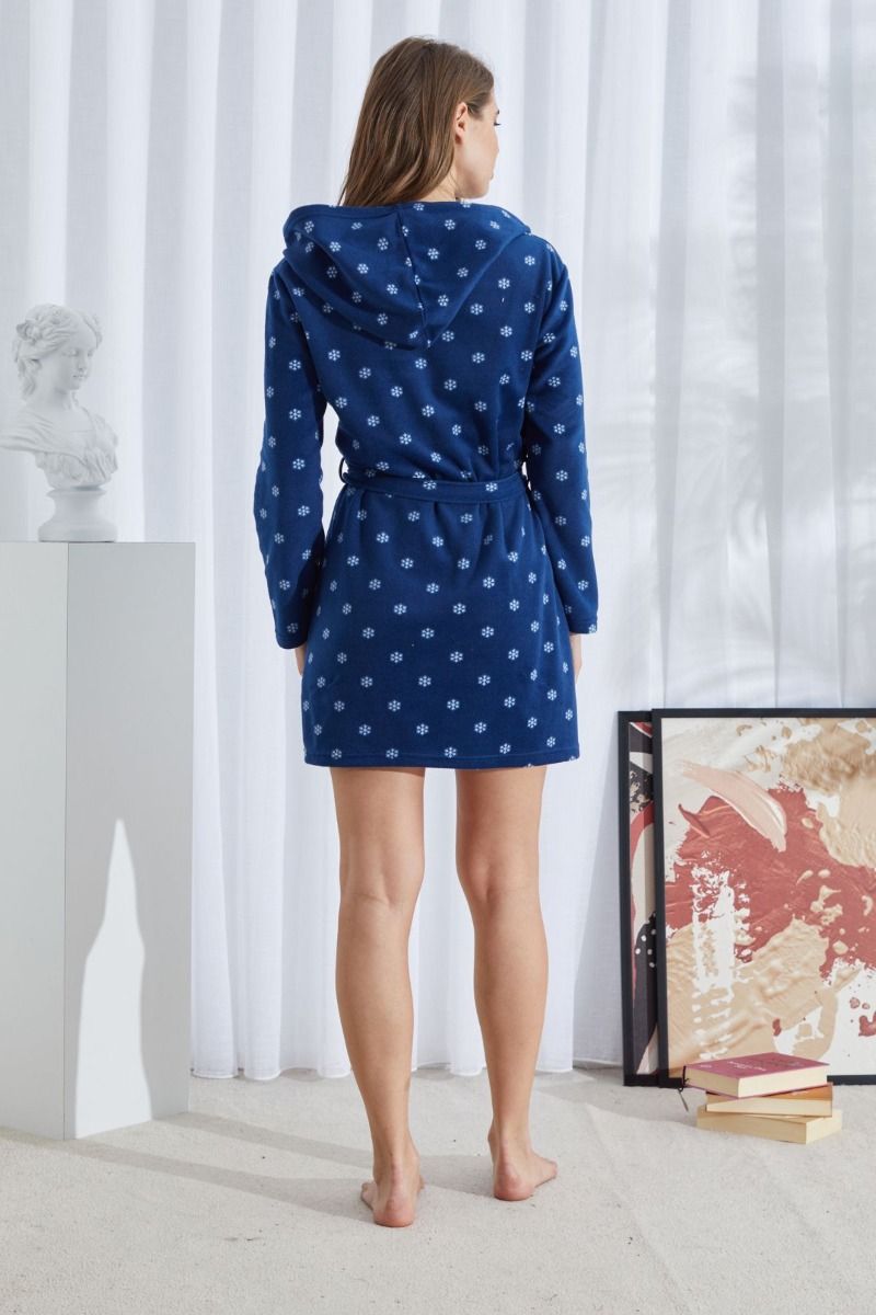 Γυναικεία ρόμπα fleece σκούρο μπλε με κουκούλα και ζωνάκι