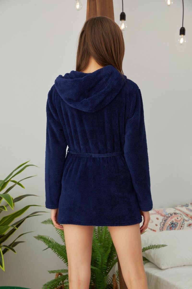 Γυναικεία φλις μινι ρομπα με ζωνη μπλε μακρυμανικη