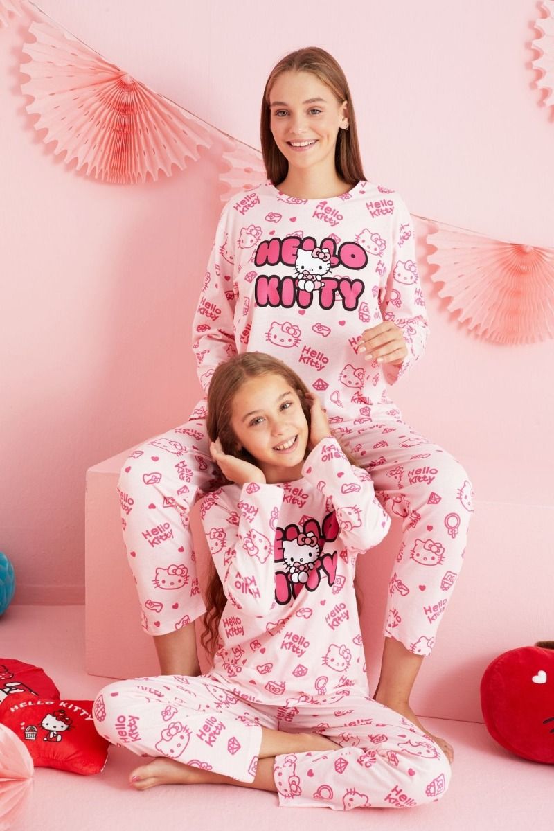 Πιτζάμα Μαμά και Κόρη "siyah inci" HELLO KITTY PINK