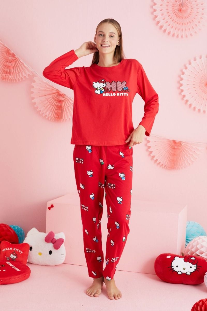 Γυναικεία Πιτζάμα με σχέδιο hello kitty μαμά και κόρη κόκκινη