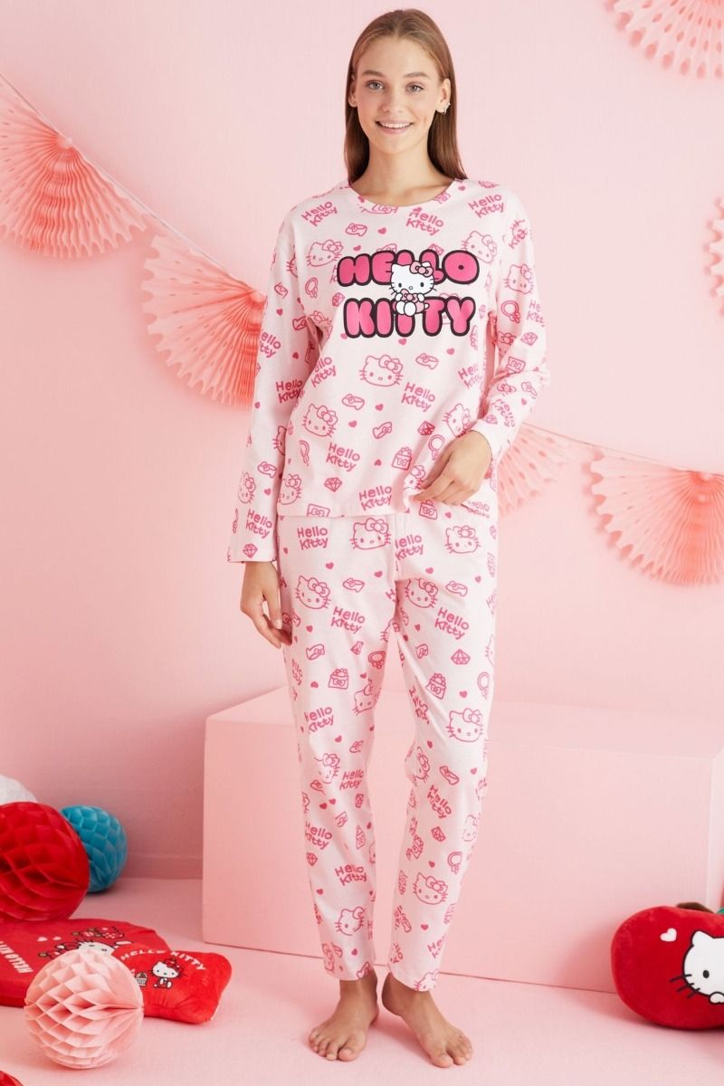 Γυναικεία Πιτζάμα με σχέδιο hello kitty μαμά και κόρη ροζ