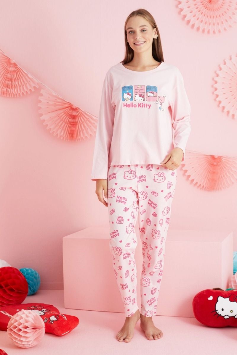 Γυναικεία Πιτζάμα με σχέδιο hello kitty μαμά και κόρη ροζ