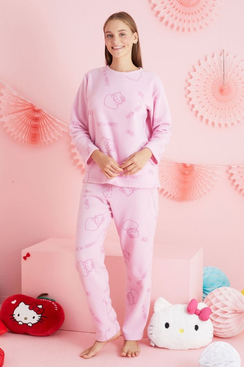 Γυναικεία Πιτζάμα φλις ροζ χρώμα hello kitty σχέδιο