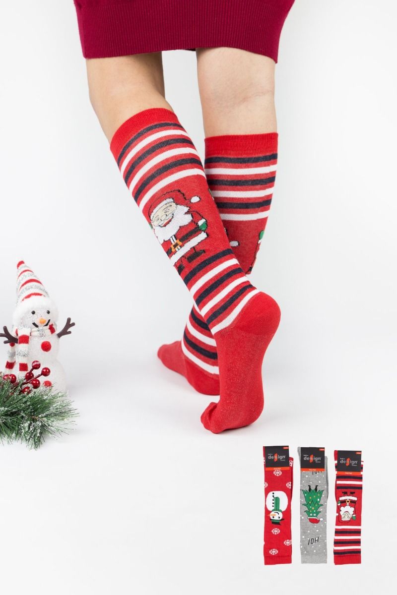 Γυναικείες χριστουγεννιάτικες κάλτσες knee high Design HO HO HO 3 ζευγάρια