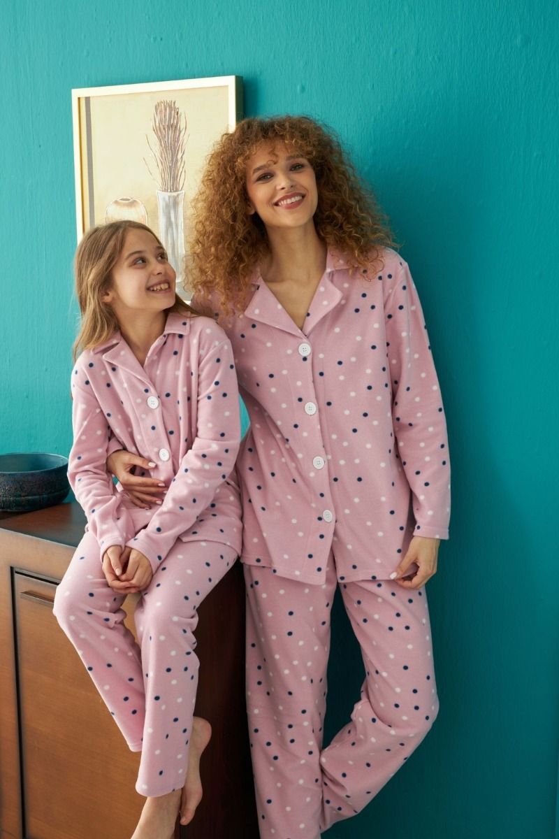 Παιδική Κοριτσίστικη χειμωνιάτικη πιτζάμα φλις ροζ πουά